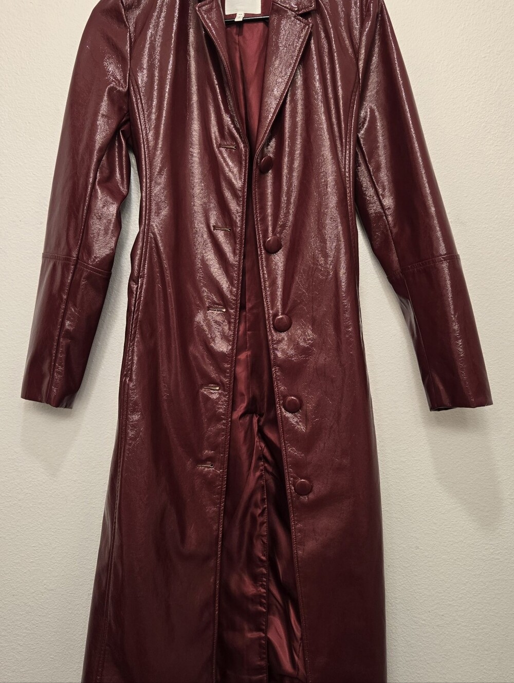 Women's Long Faux Leather Coat in Burgundy